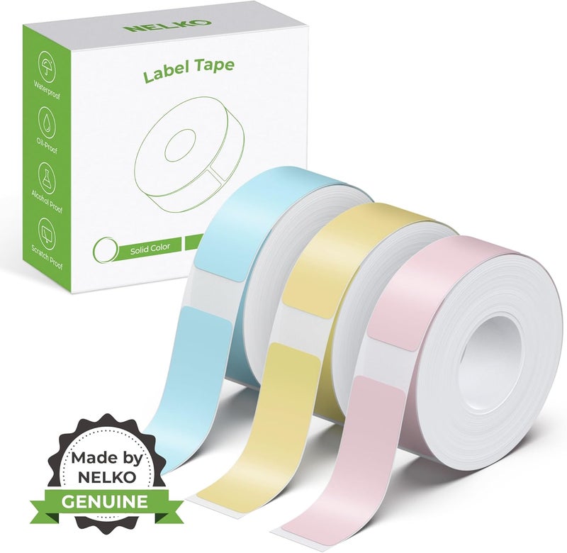 Nelko Genuine P21 Label Maker Tape, Adapted Label Print Paper, 14x40mm (0.55"x1.57"), Standard Laminated Office Labeling Tape Replacement, Multipurpose of P21, 180 Tapes/Roll, 3-Roll, Blue/Yellow/Pink - Image 1